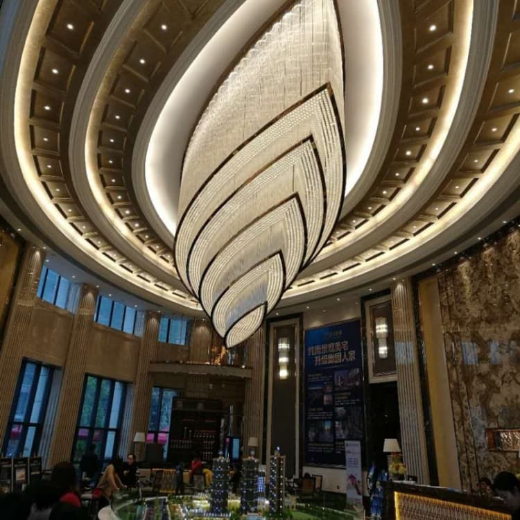Wide view of the space with the leaf form crystal lobby ceiling