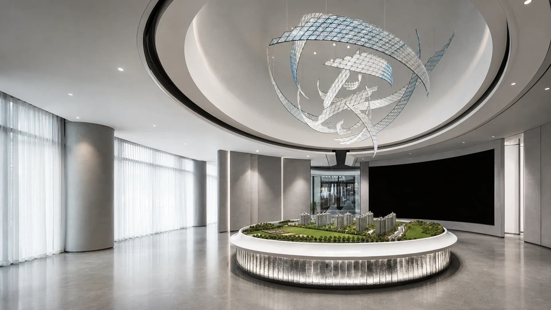 Bespoke sculptural crystal lighting in a commercial presentation space