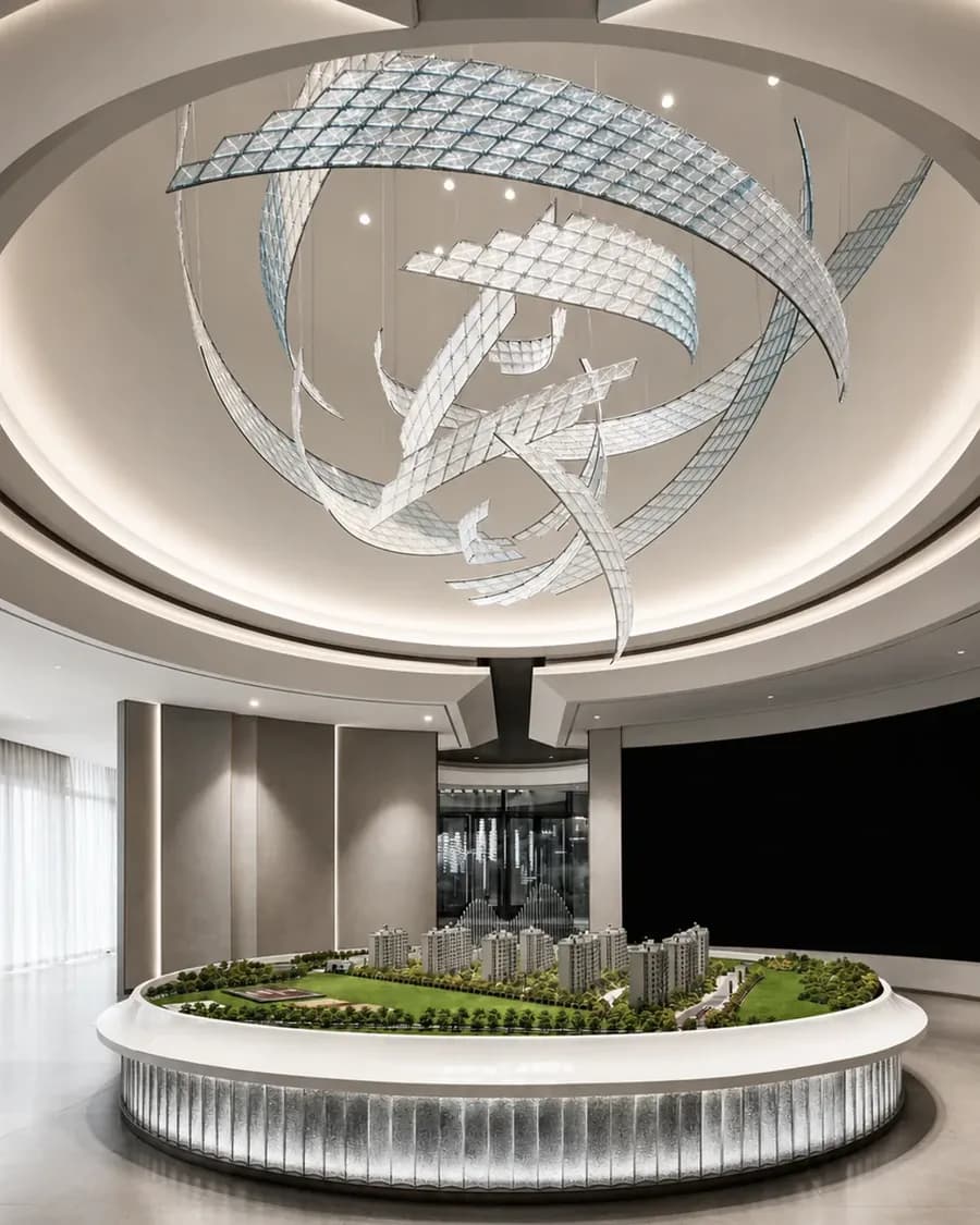 Bespoke sculptural crystal lighting in a commercial presentation space