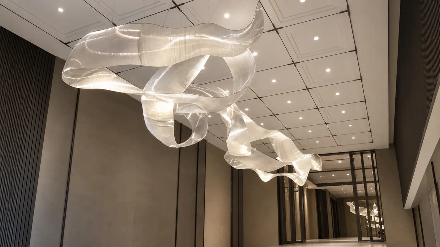 Ribbon-like bespoke lighting installation illuminated in an architectural corridor