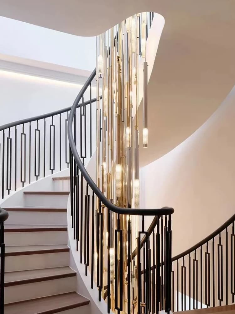 Overall view of the curved staircase chandelier