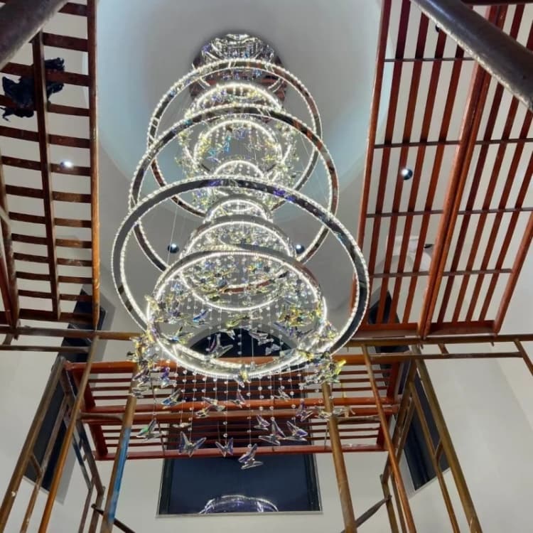 Low-angle view of the illuminated ring crystal staircase