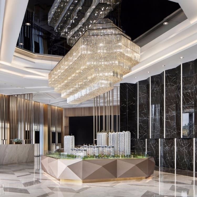Overall view of the sales gallery rectangular glass chandelier
