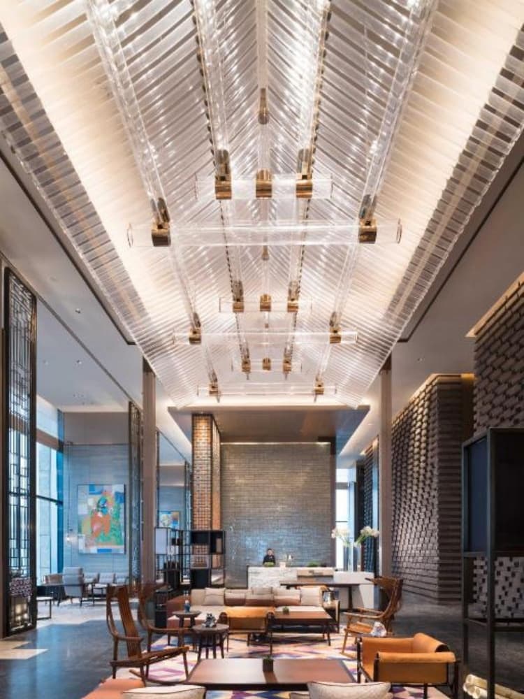 Overall view of the hotel lobby glass rod installation