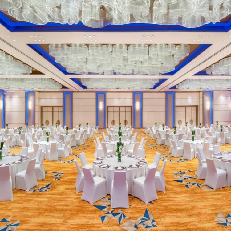 Ballroom banquet setup for the hotel ballroom glass ceiling installation