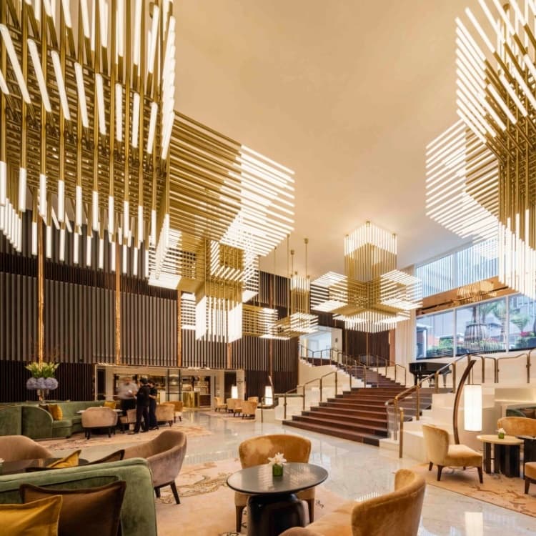 Overall view of the hotel lounge geometric glass rod lighting