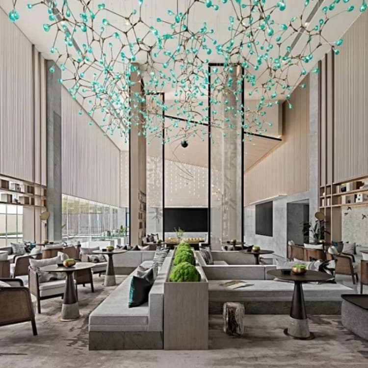 Overall view of the grand lobby emerald crystal cascade