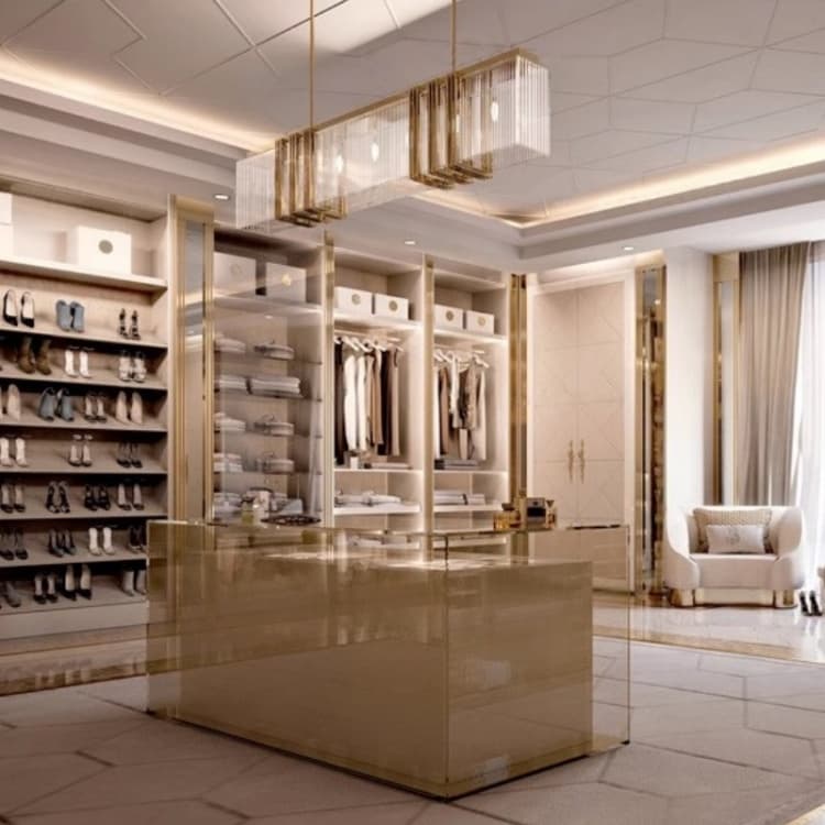 Wide room view with the rectangular glass dressing room pendant