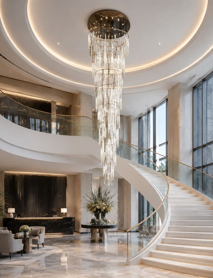Vertical crystal rod chandelier in a double-height staircase void