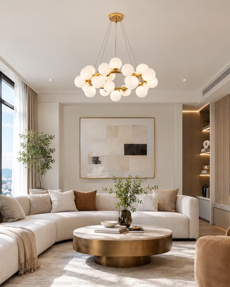 Modern opal glass globe chandelier in a living room