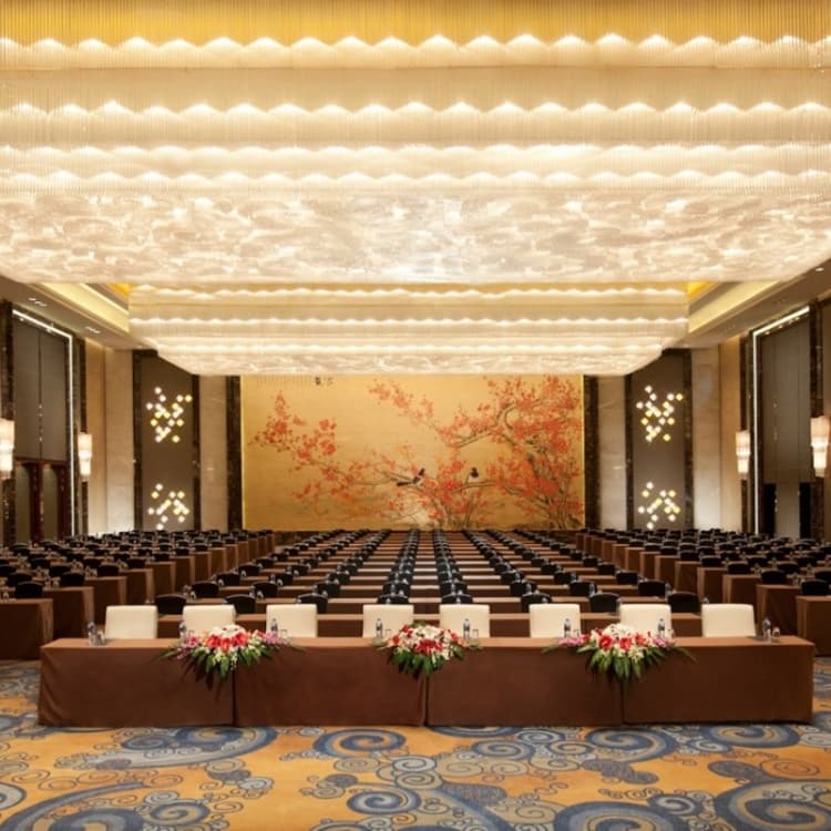 Broad luminous ceiling spanning the central area of a ballroom