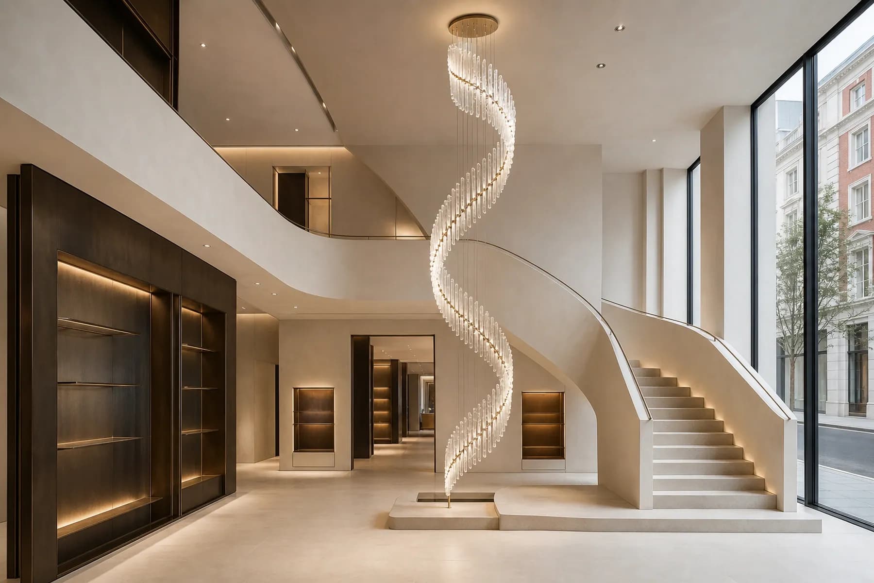 Two-level London flagship with a 48-fin crystal S-ribbon beside the staircase