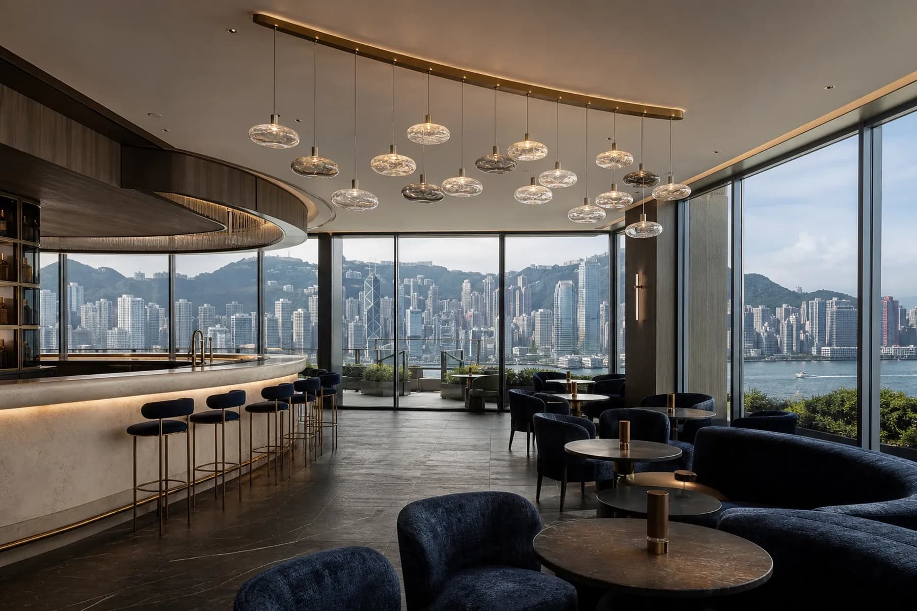 Harbor-view Hong Kong rooftop club with an 18-lens crystal crescent chandelier