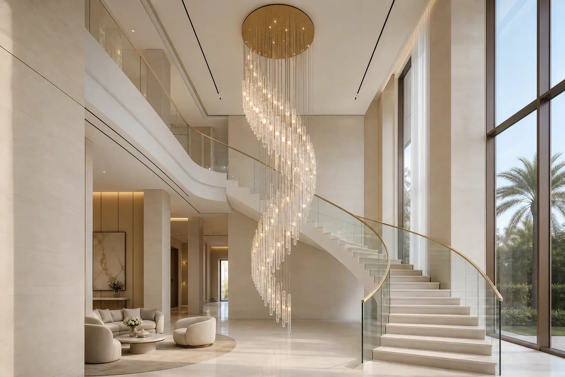 Wide view of a cascading crystal chandelier in the curved staircase of The Cascade Residence in Dubai