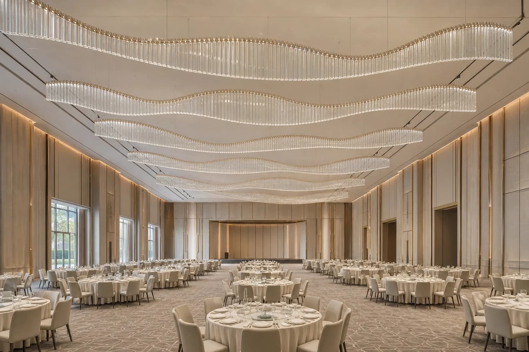 Column-free Dubai ballroom beneath five parallel crystal-wave ceiling ribbons