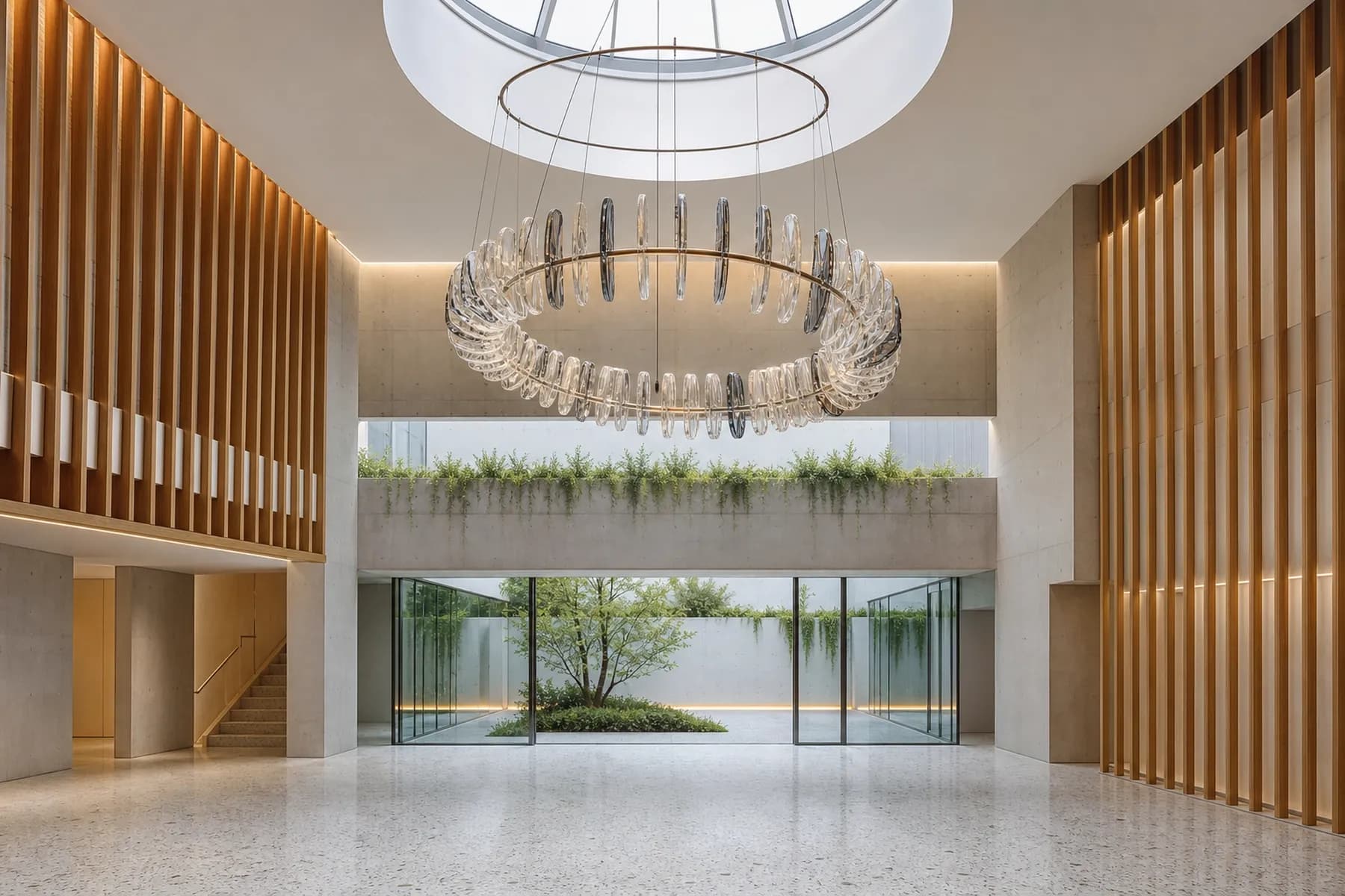Minimal Tokyo atrium with a 32-plate clear and smoke crystal ring spiral