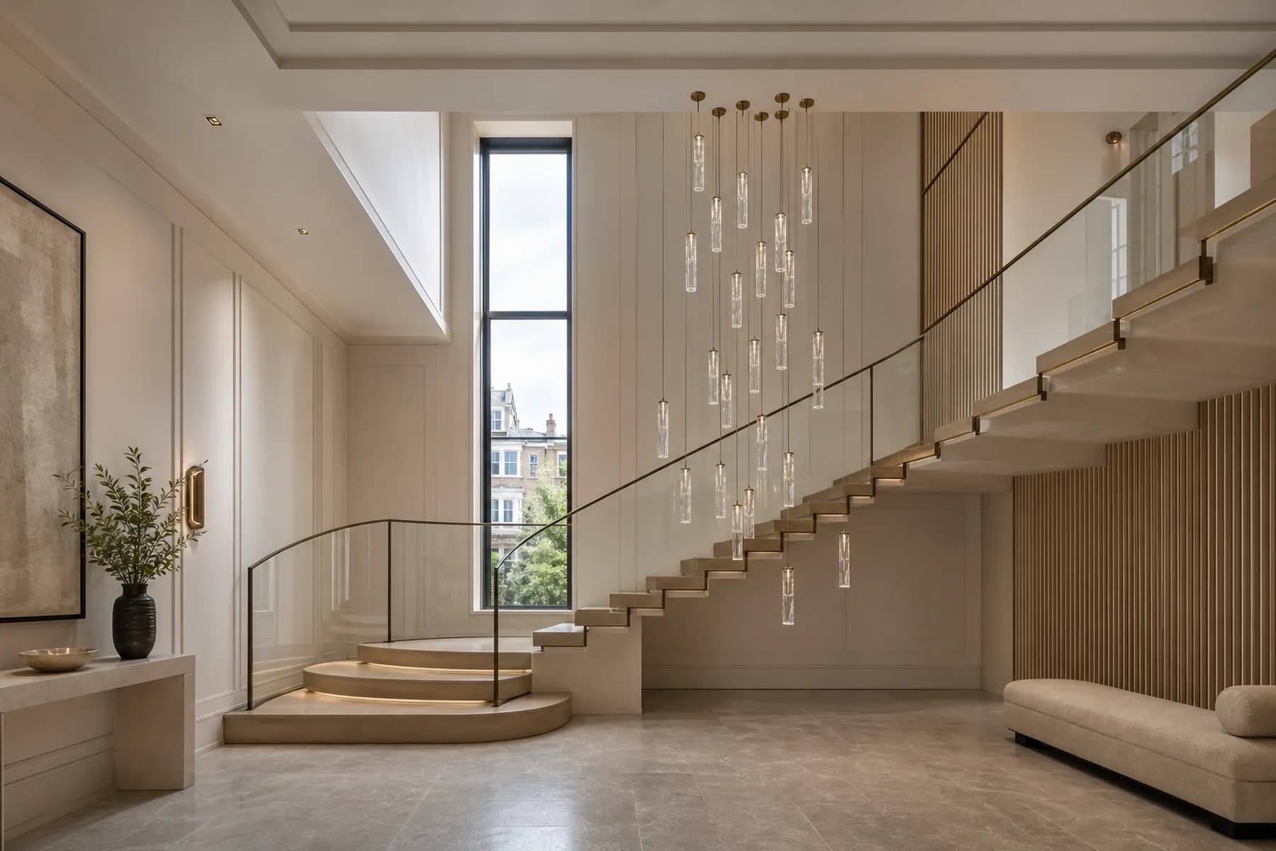 Wide view of suspended crystal columns above a pale oak staircase in Ivory Stair Hall