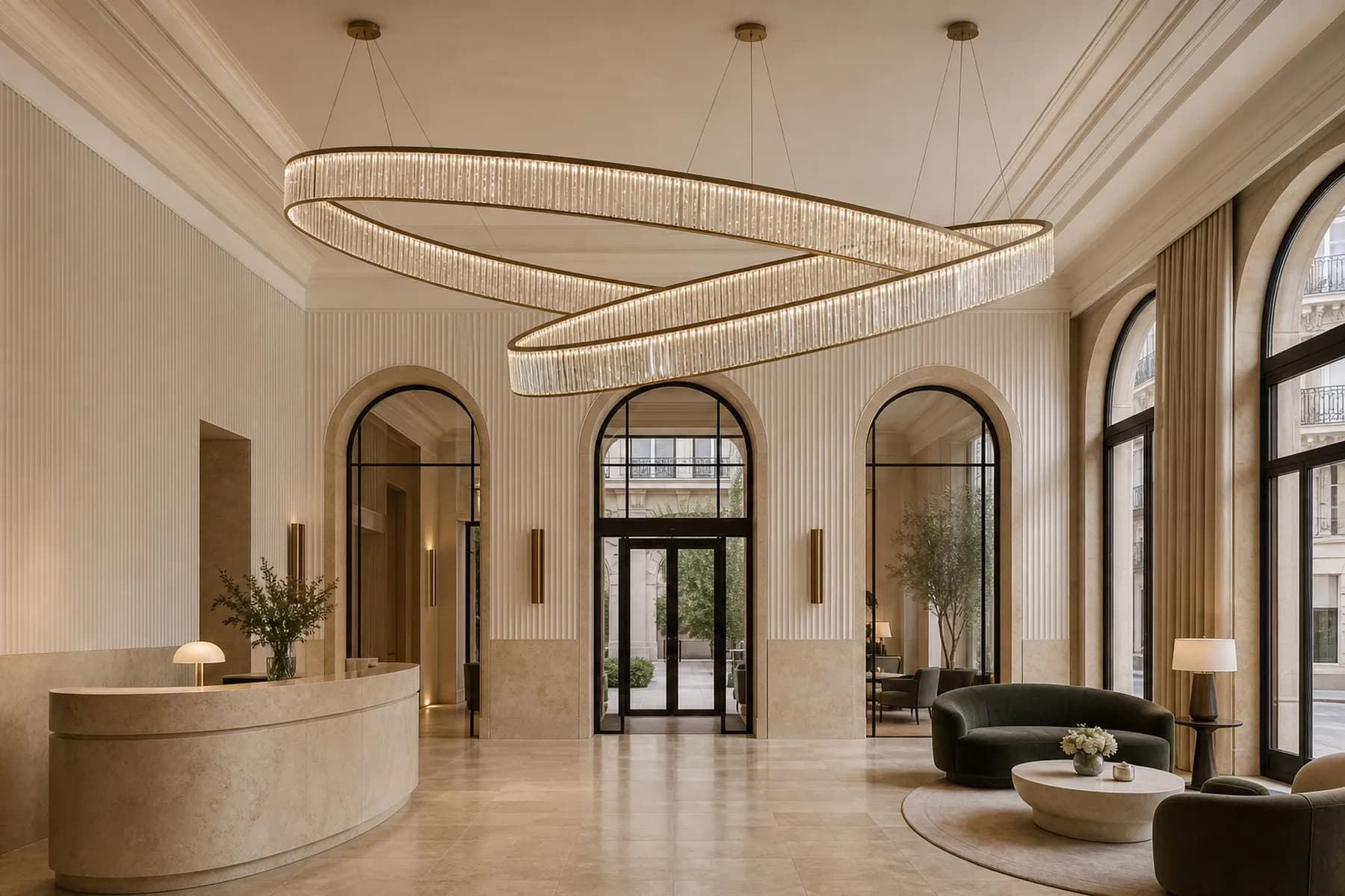 Paris hotel lobby with two interlocking crystal-rod elliptical light rings
