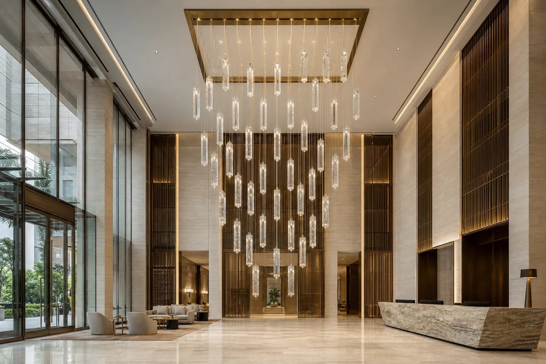 Triple-height Singapore hotel lobby with a 36-column crystal chandelier