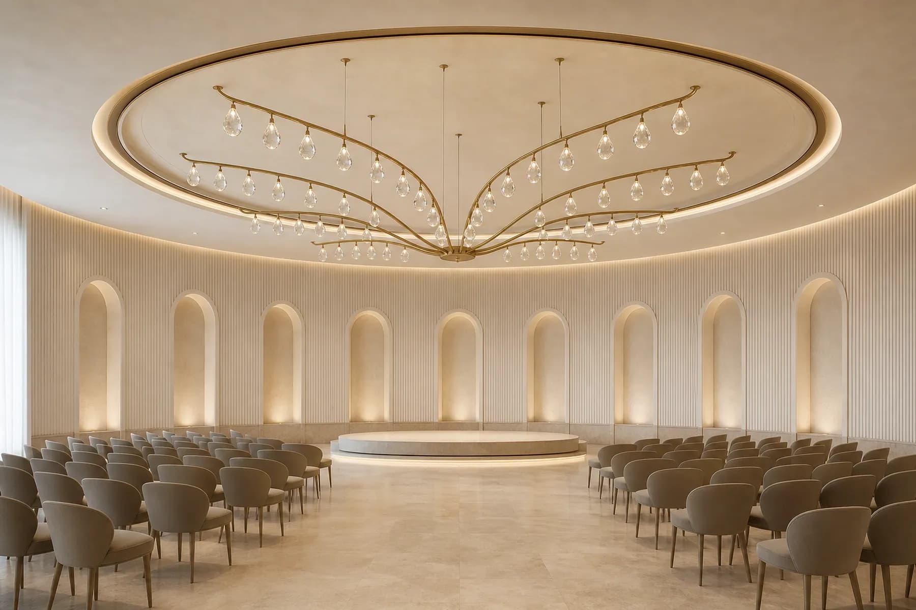 Oval Doha event hall beneath an eight-branch crystal botanical canopy