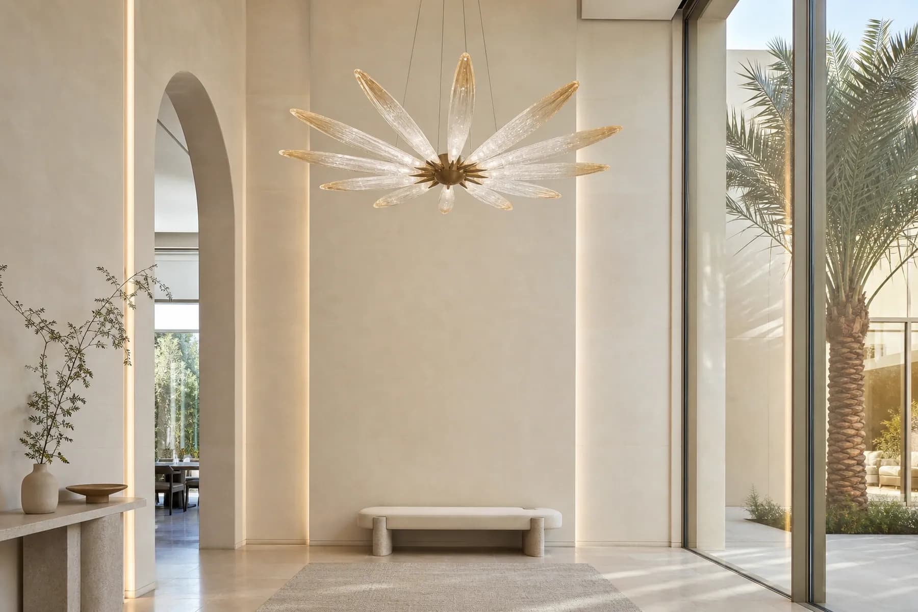 Cream stone foyer with a radial crystal-petal chandelier and palm courtyard