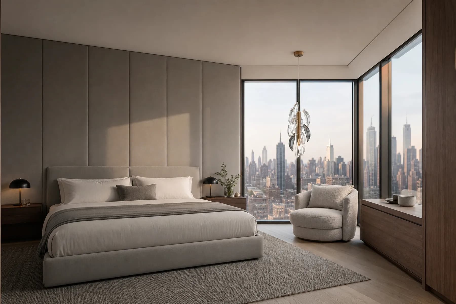 Quiet New York bedroom with a compact clear and smoke-gray crystal pendant